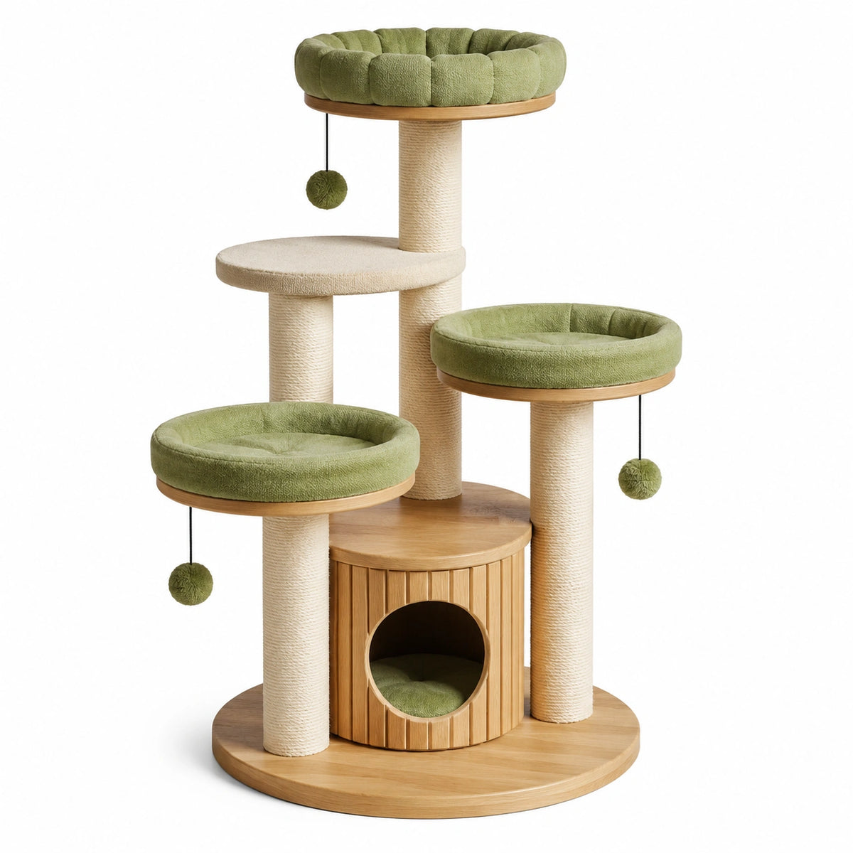 Árbol para gatos de madera con cojines verdes