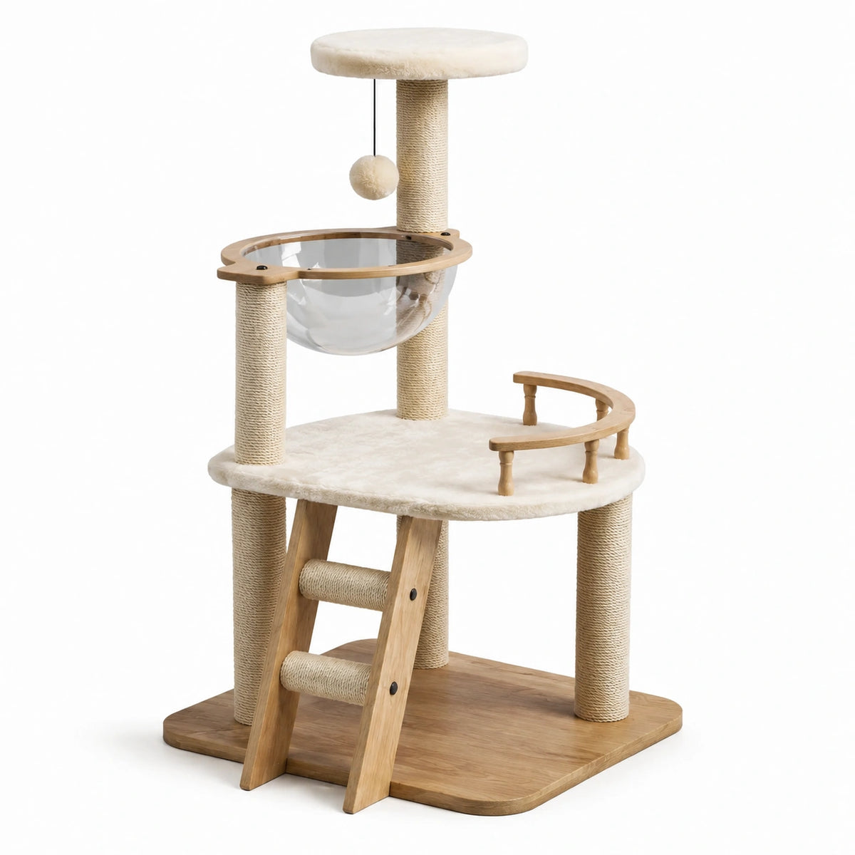 Árbol para gatos de madera con cueva de acrílico y postes de sisal beige