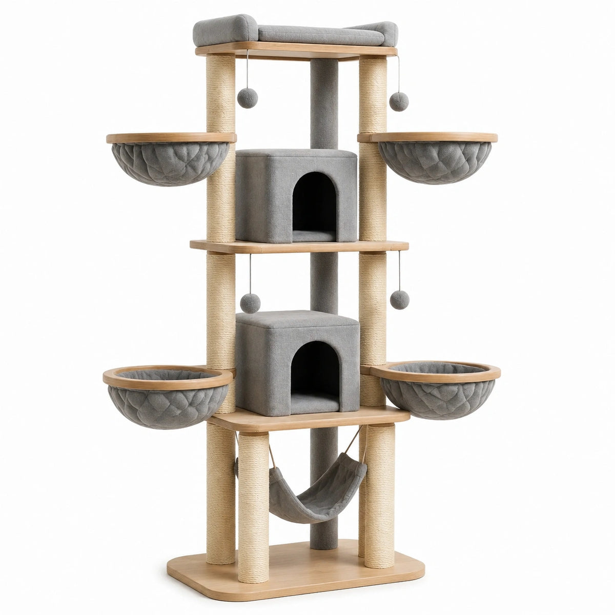 Árbol rascador para gatos de madera y sisal con cueva y hamaca gris