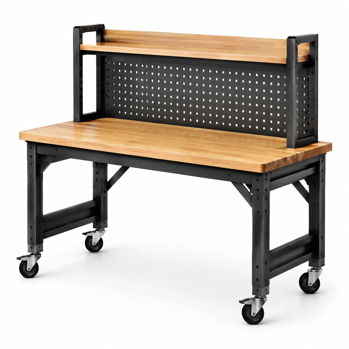 Mesa de trabajo de acero con superficie de roble y tablero perforado con ruedas