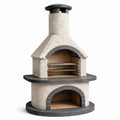 Barbacoa de piedra natural con chimenea y parrilla doble, beige y negro