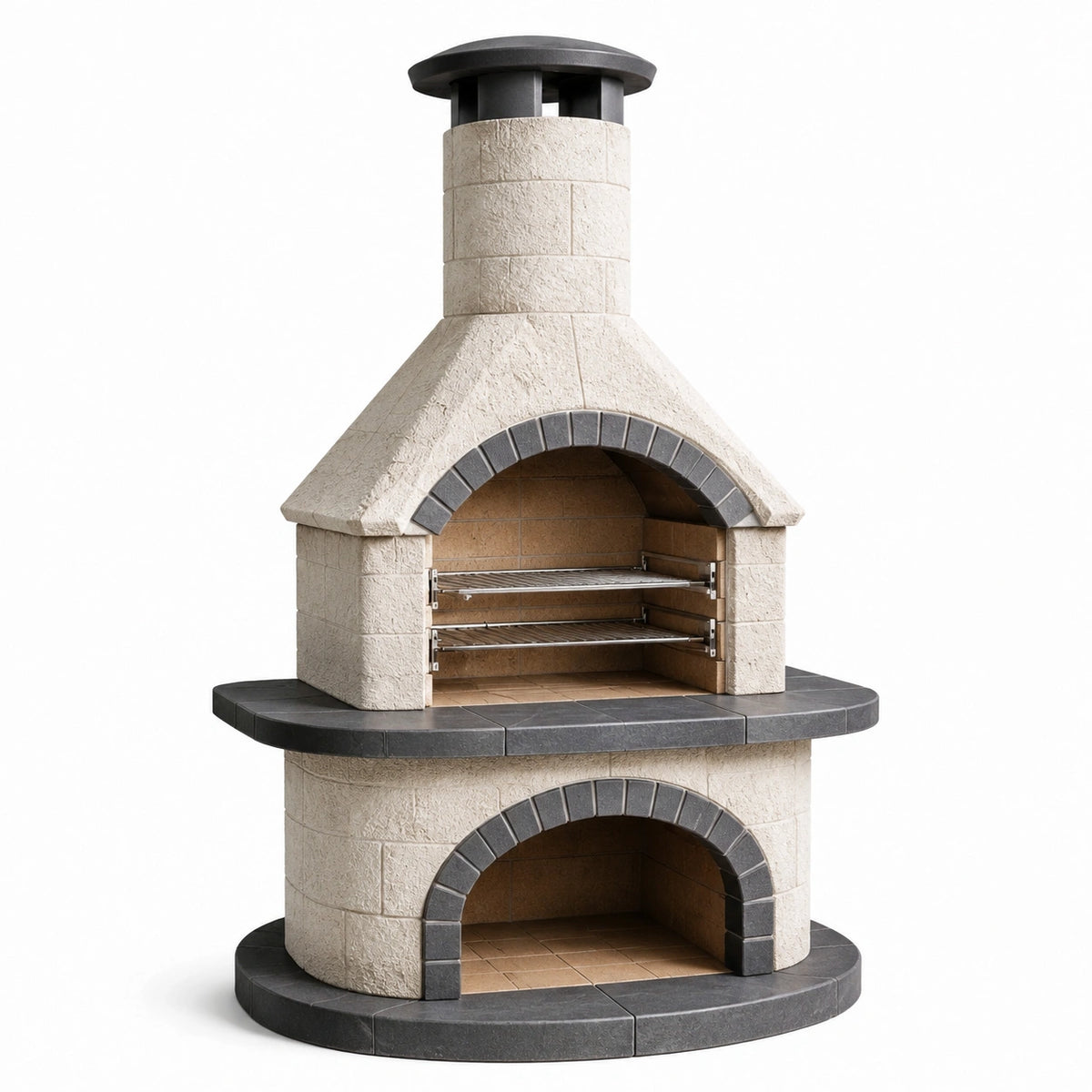 Barbacoa de piedra natural con chimenea y parrilla doble, beige y negro