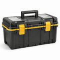Caja de herramientas de plástico negro y amarillo con compartimentos