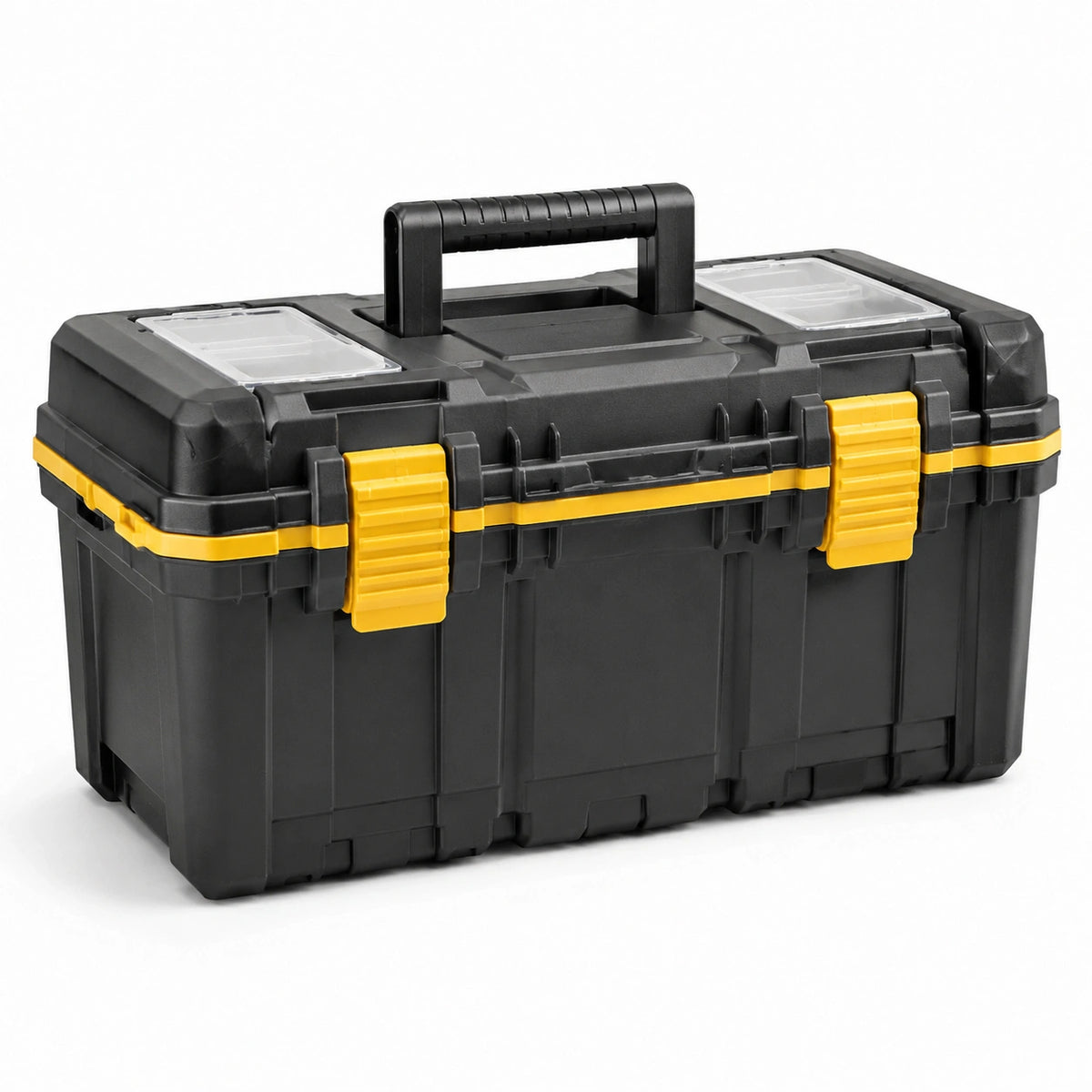Caja de herramientas de plástico negro y amarillo con compartimentos