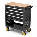 Carro de herramientas de metal con tapa de madera y 5 cajones negro