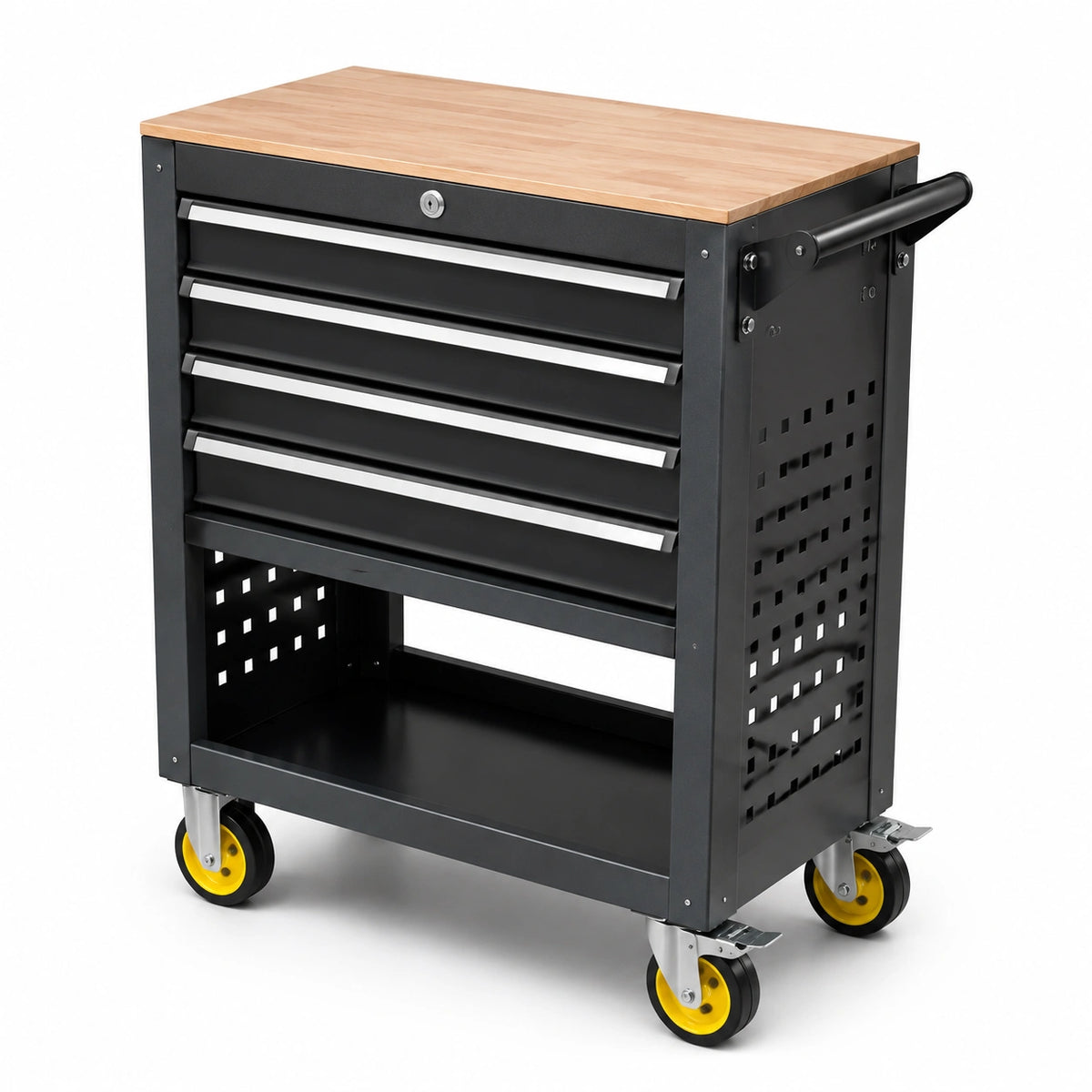 Carro de herramientas de metal con tapa de madera y 5 cajones negro
