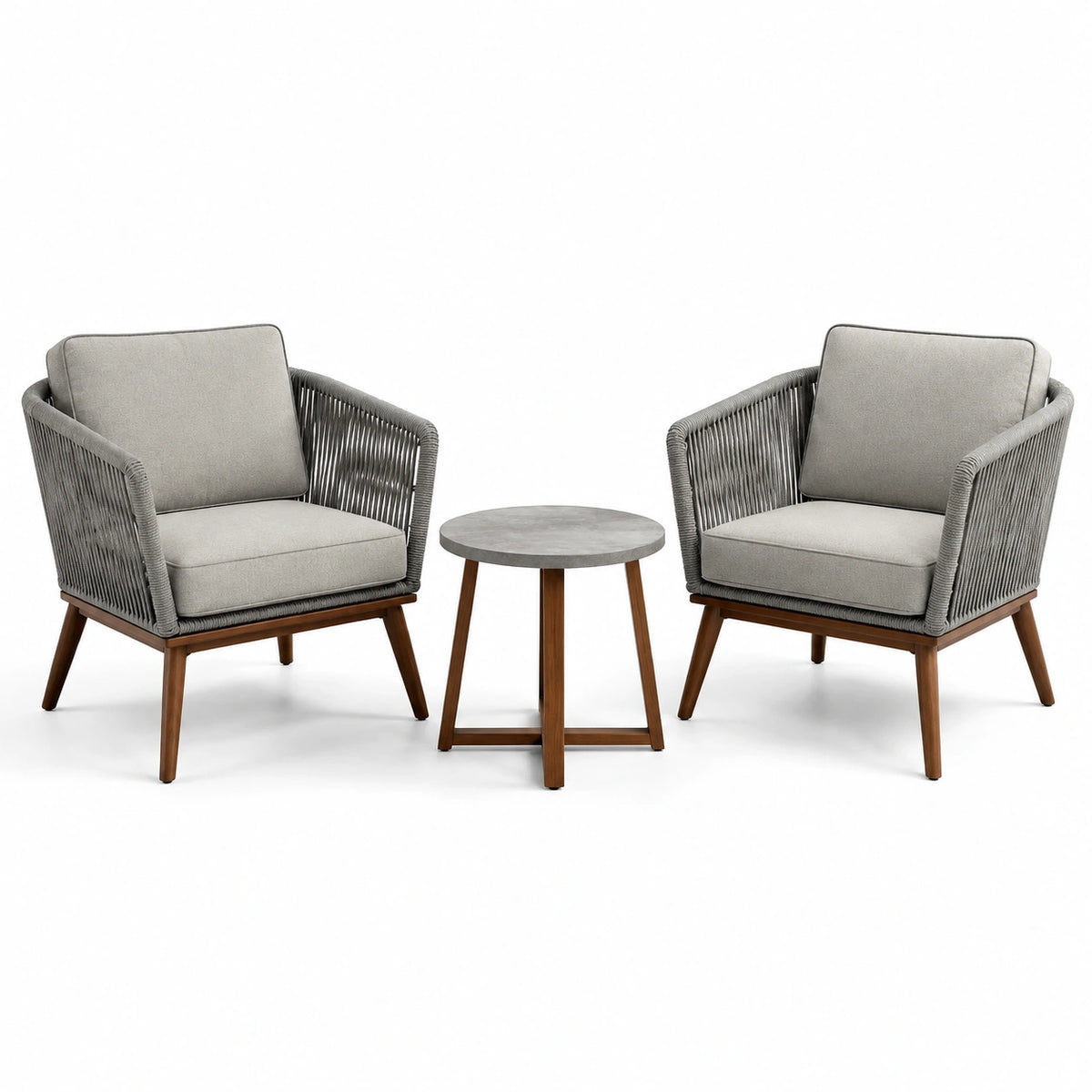 Conjunto de jardín con sillones de cuerda y mesa redonda de teca
