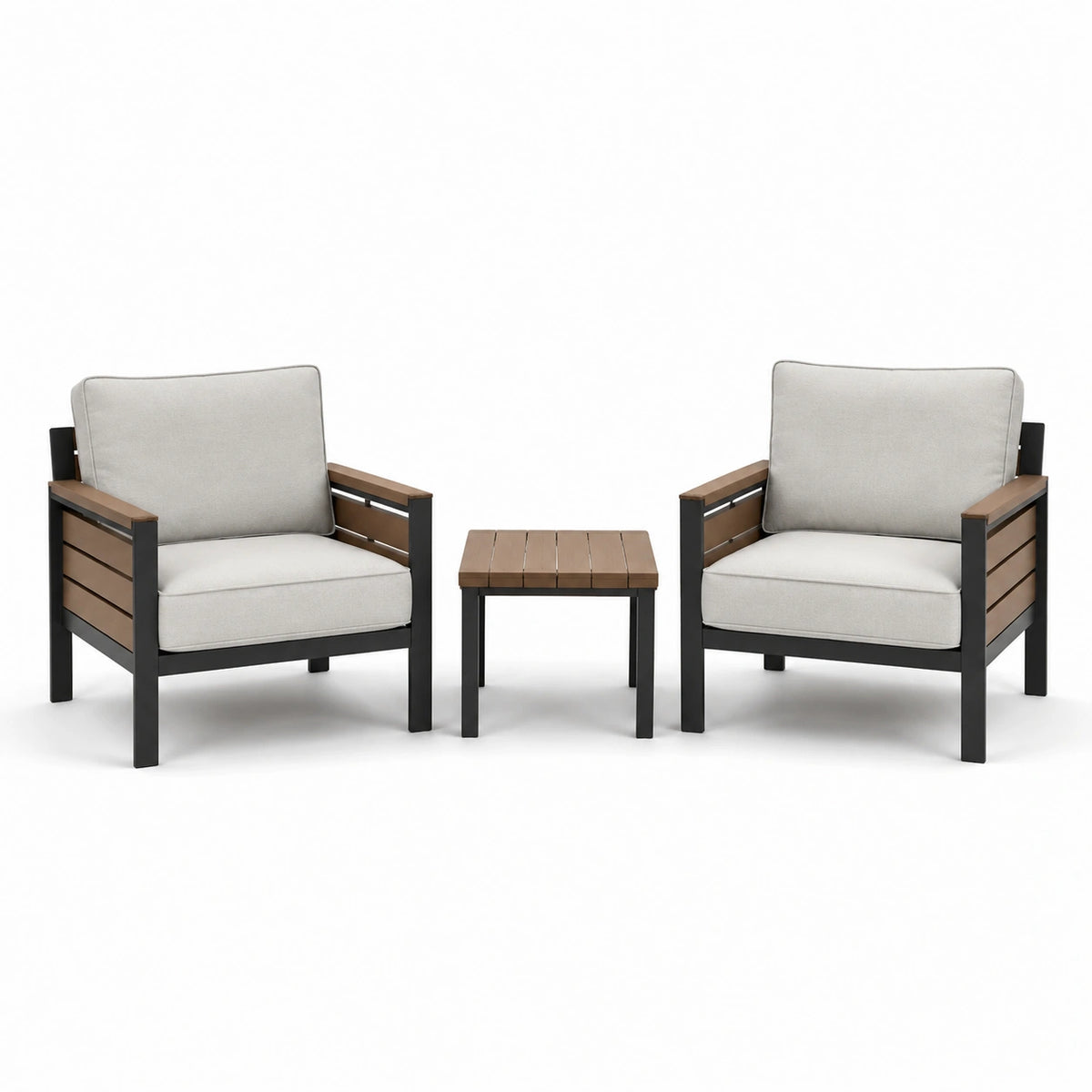 Conjunto de jardín con sillones de acero y mesa de madera compuesta, cojines beige