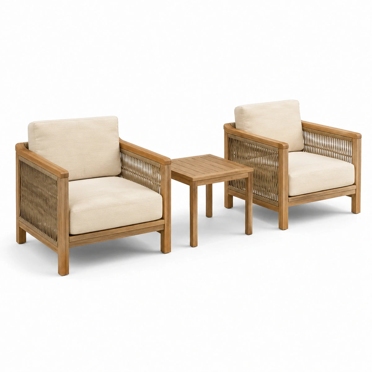 Conjunto de Muebles de Madera y Cuerda Beige con Mesa