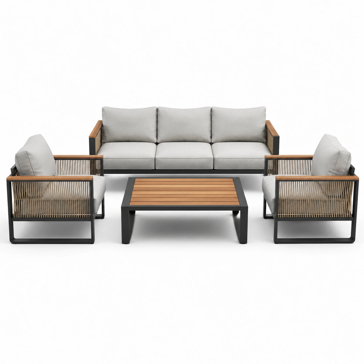 Conjunto de Sofá de Jardín de Aluminio y Madera Teca con Cojines Grises